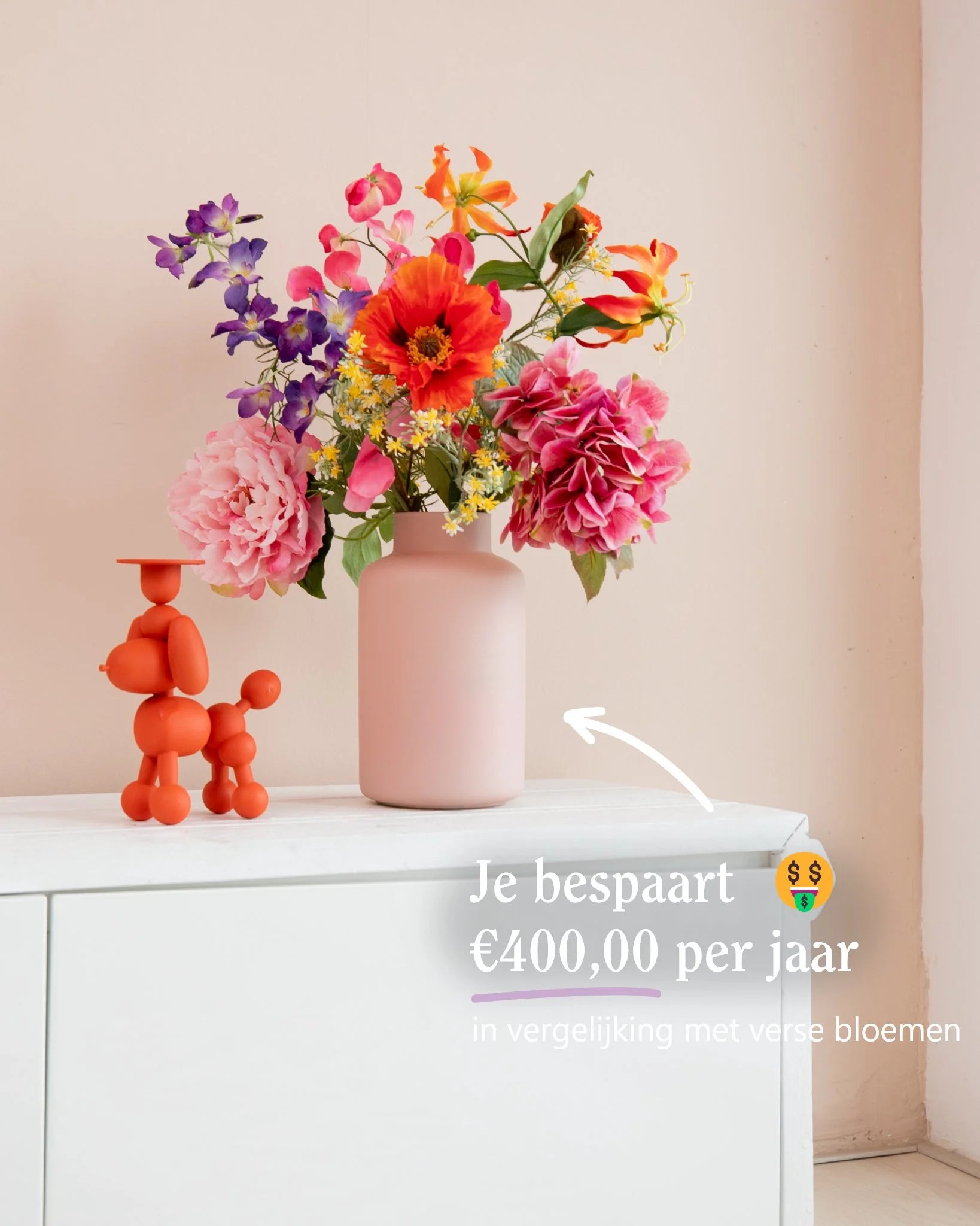 Kunstboeket met vaas | Colourful Love | Middel | roze vaas | bespaar 400 euro per jaar| LOVÍY